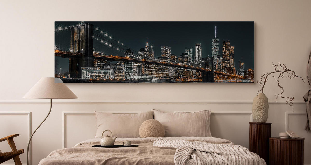 PANORAMABILD New York bei Nacht Architektur 3D 145x45cm - Blau/Beige, Textil (145/45cm) - Muralo