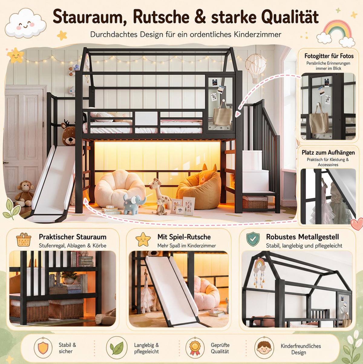 HOCHBETT aus Metall und MDF 90x200 cm Schwarz mit Rutsche, Stauraumtreppe und Bluetooth-LED - Schwarz, Holzwerkstoff (90/200cm) - IVMEU