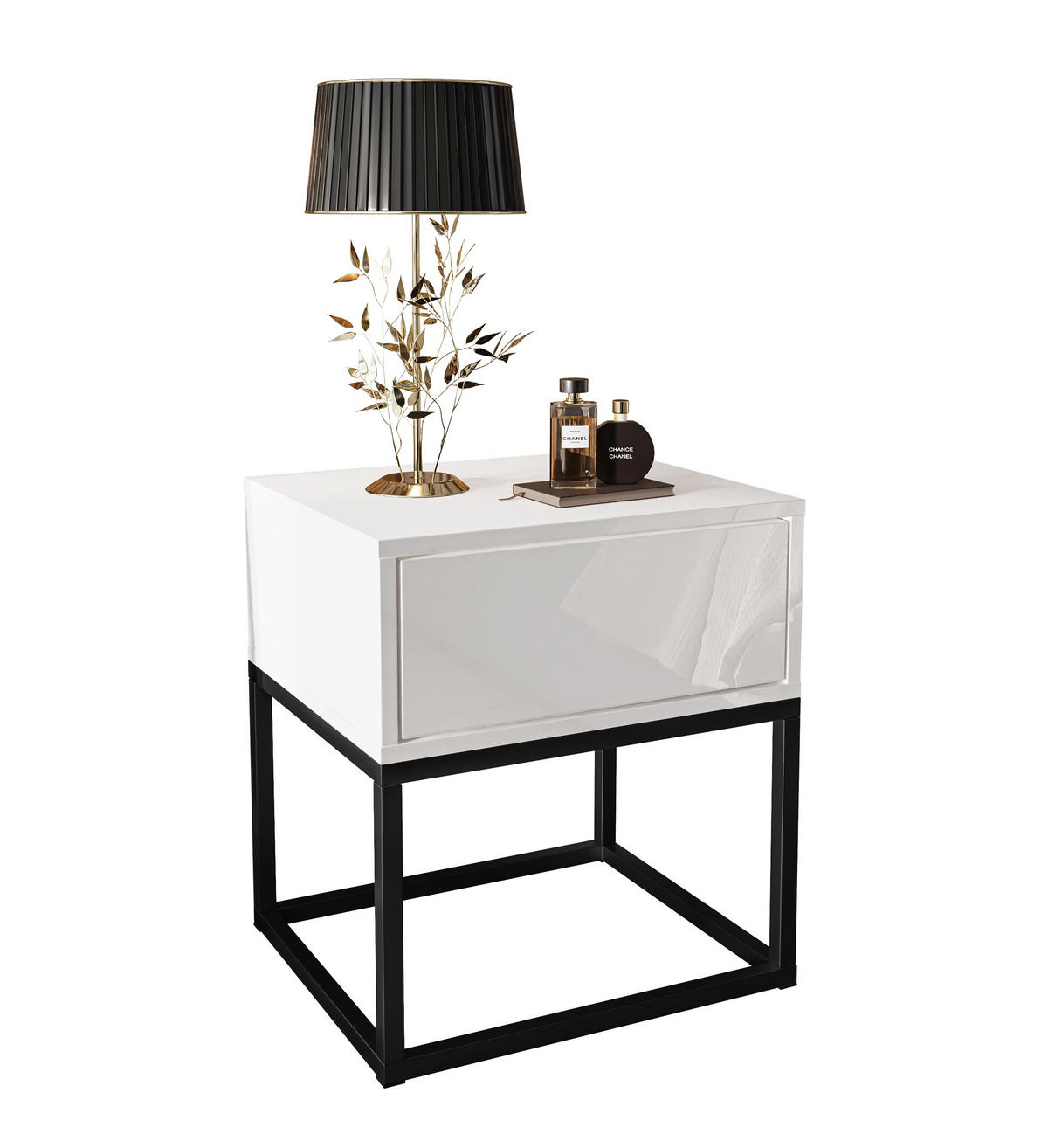 NACHTTISCH BLANCO LOFT II auf schwarzem Gestell Weiß Hochglanz - Weiß Hochglanz, Holzwerkstoff (45/52/36.5cm) - Lookway