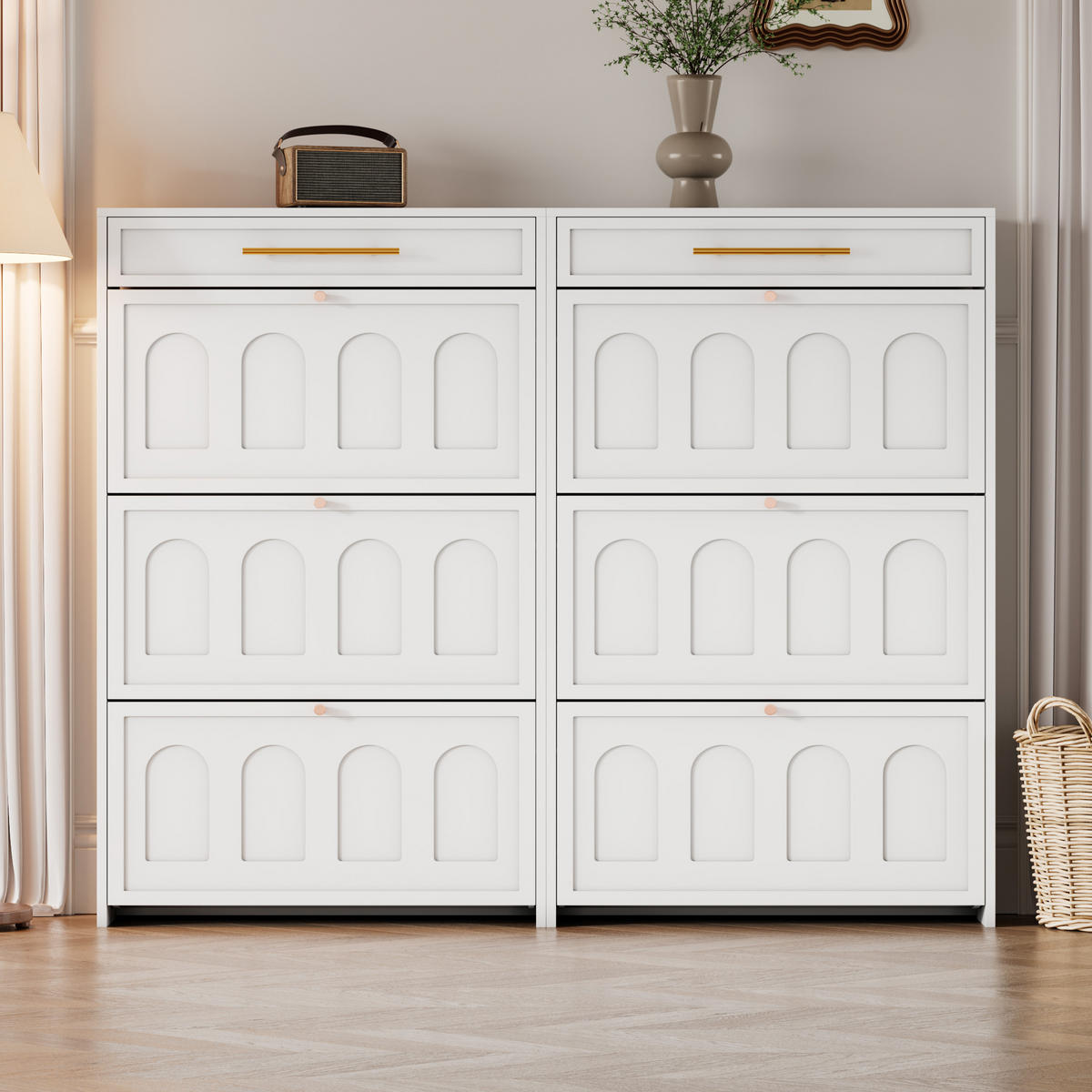 SCHUHSCHRANK aus MDF 140x25x123,5cm in Weiß mit 12 Fächern & 2 Schubladen - Weiß, Holzwerkstoff (140/123.5/25cm) - Modfu