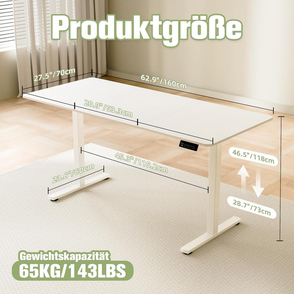 SCHREIBTISCH höhenverstellbar elektrisch 160 x 70 cm Weiß - Weiß, Metall (160/60/118cm)