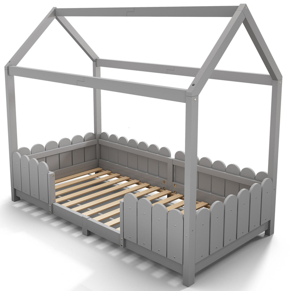 KINDERHAUSBETT 90/200 cm Grau aus Massivholz und MDF mit Rausfallschutz und Lattenrost - Grau, Holz (90/200cm) - OKMYHOME