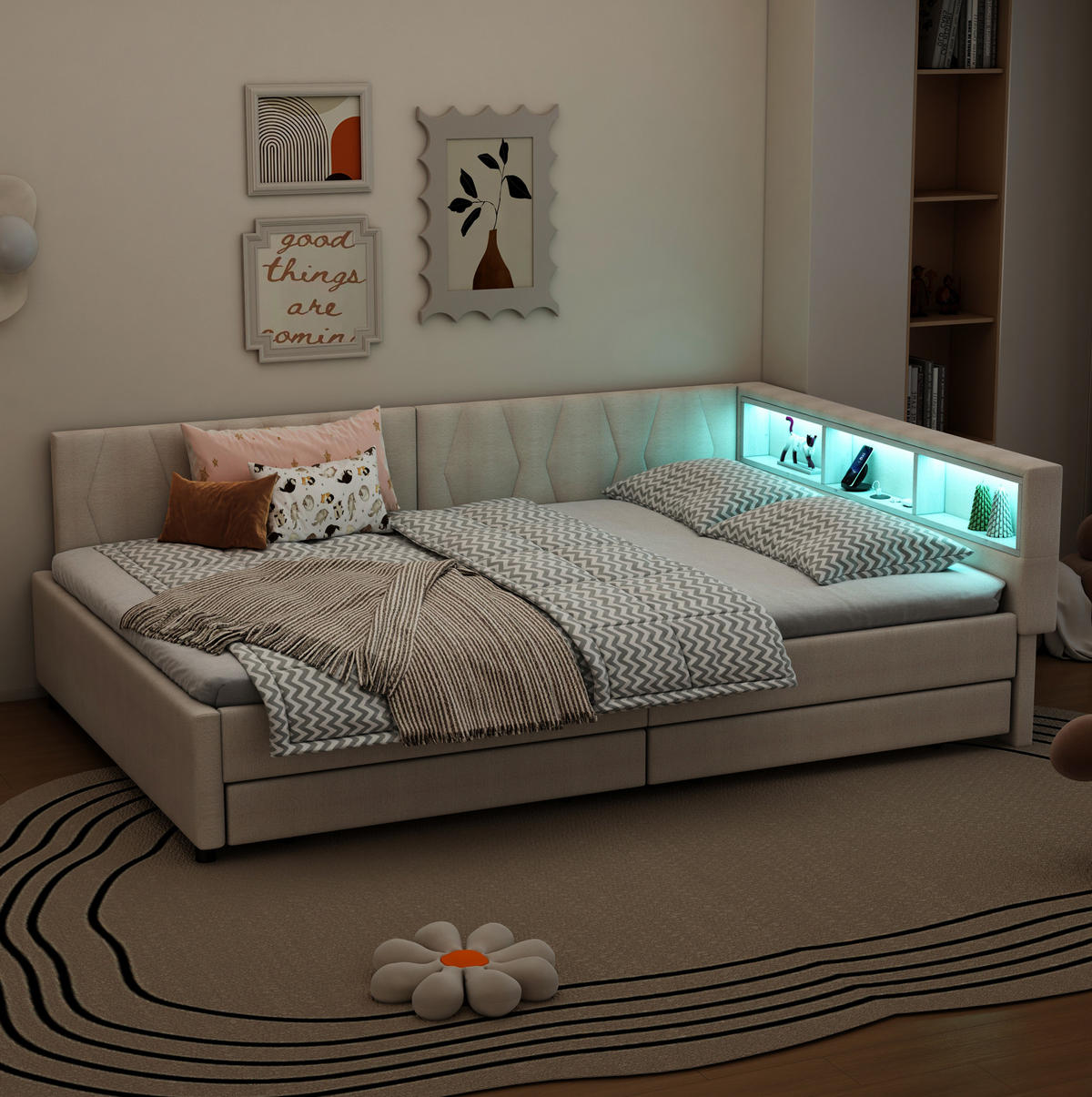 POLSTERBETT 140/200 cm Beige mit LED-Beleuchtung und Stauraum aus Leinen - Beige, Textil (140/200cm) - OKWISH