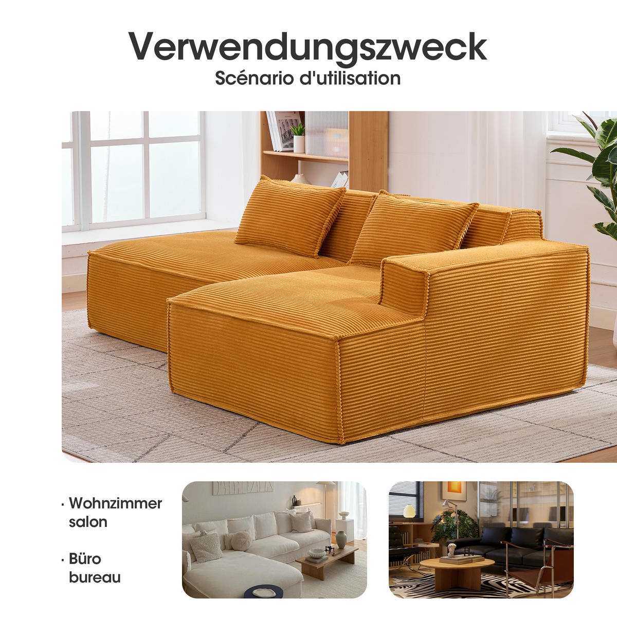 ECKSOFA gepolstert mit taschenfederkern & 2 kissen - Gelb, Textil (235/129cm) - Urban Meuble