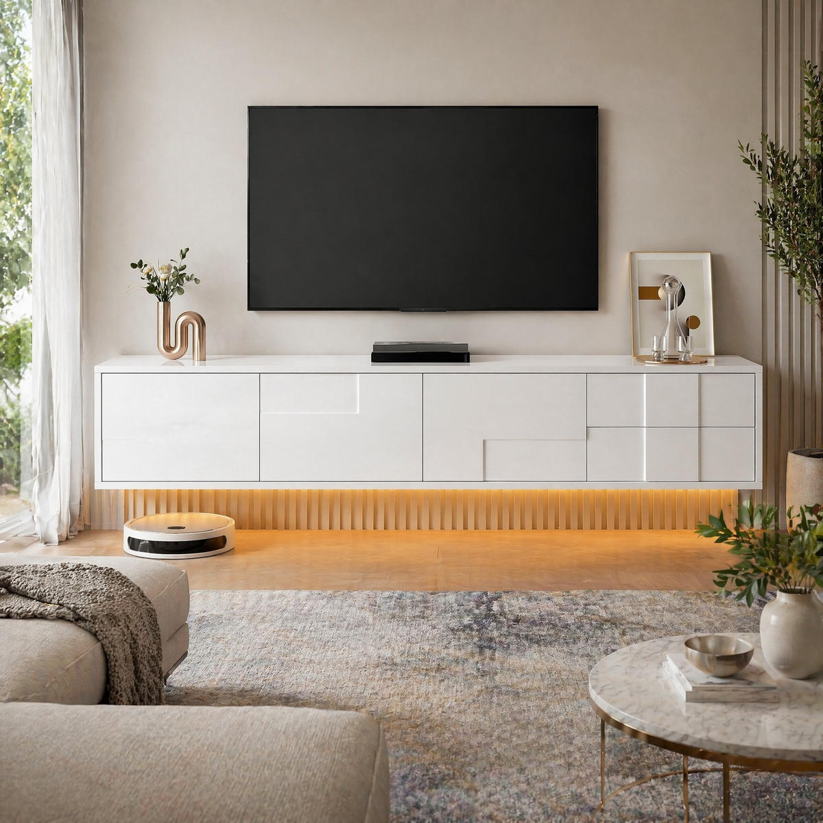 LOWBOARD in Weiß Hochglanz TV-Schrank mit 3 Türen und 2 Schubladen für Wohnzimmer, B170/T30/H30.5 cm - Weiß, Holzwerkstoff/Metall (170/30.5/30cm) - STILVORA
