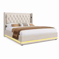 POLSTERBETT mit Stauraum, USB & LED 140x200 cm Beige Baumwolle mit Matratze - Beige, Metall (140/200cm) - Meubliv