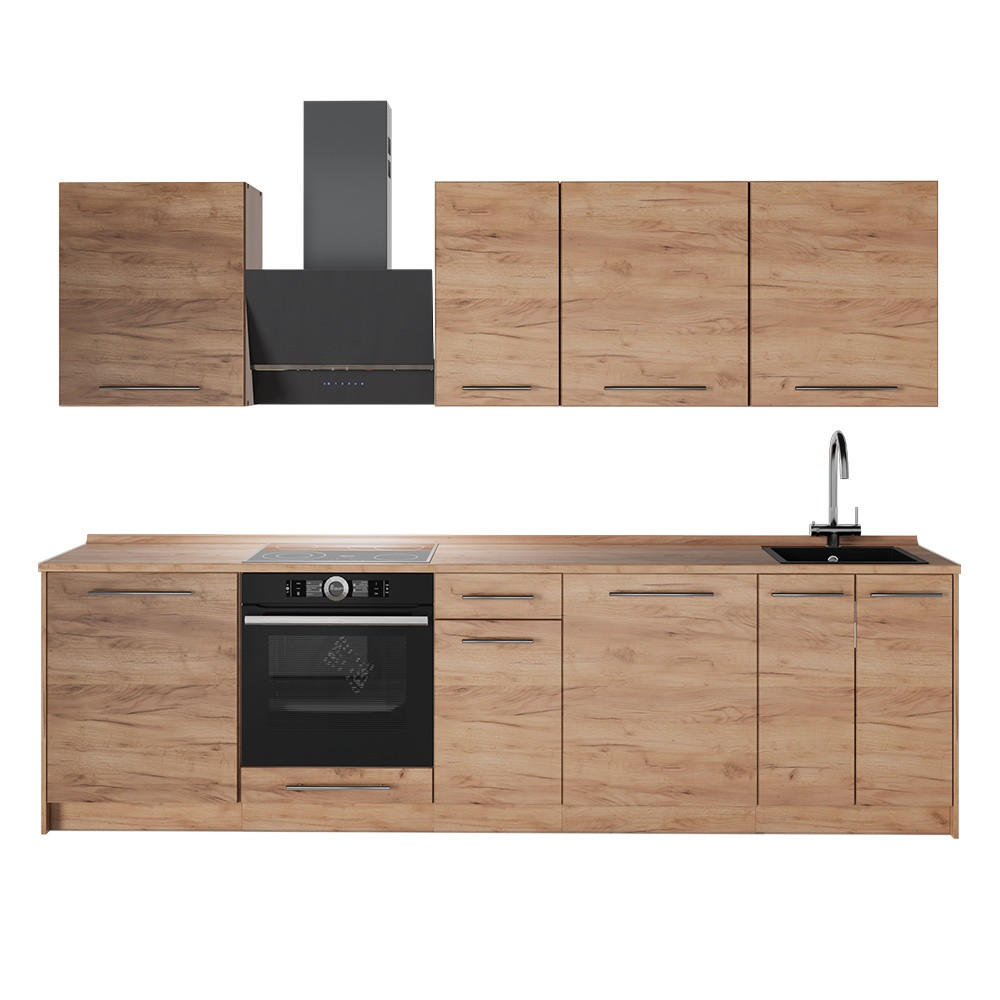 KÜCHENZEILE Fame-Line, Goldkraft Eiche/Goldkraft Eiche, 280 cm, AP Eiche - Honigeiche, Holzwerkstoff (280/82/60cm) - Vicco