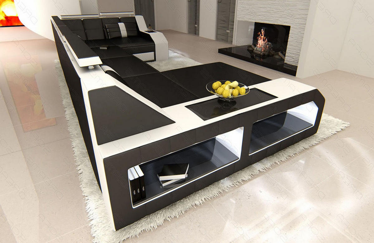 WOHNLANDSCHAFT Arezzo U - Schwarz/Weiß, Leder (380/86/197cm) - Sofa Dreams