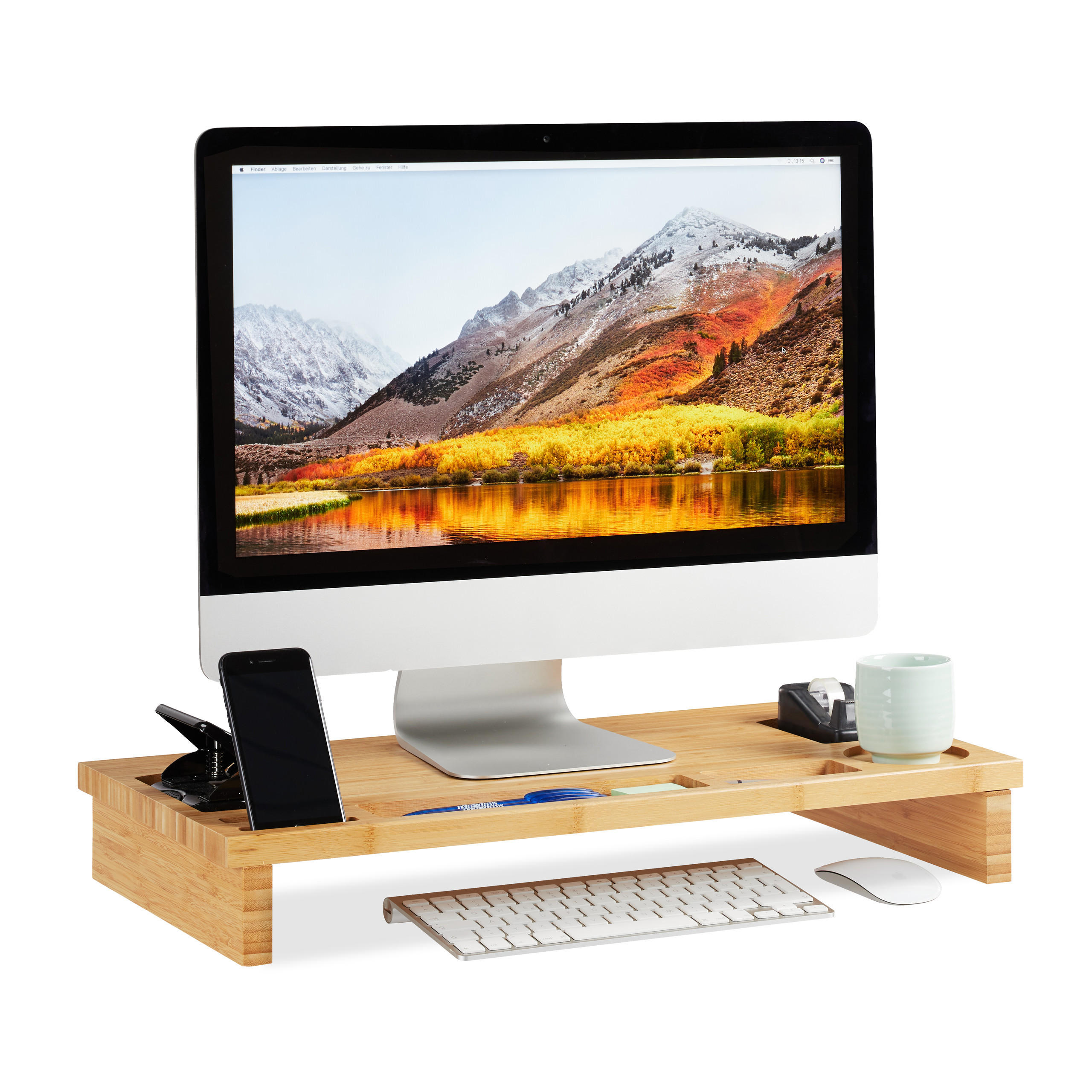 MONITORSTÄNDER Natur Bambus mit 7 Fächern 60x30 cm - Hellbraun, Holz (30/60/9cm) - Relaxdays