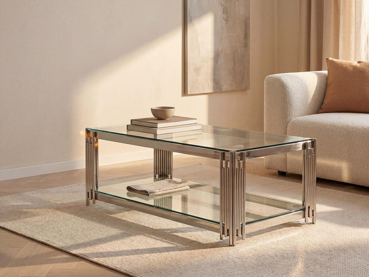 COUCHTISCH - 123.5 cm x 63.5 cm - Glas - Silberfarben - NOMELANO - Silberfarben, Glas (63.5/123.5/45.5cm) - Vente-Unique