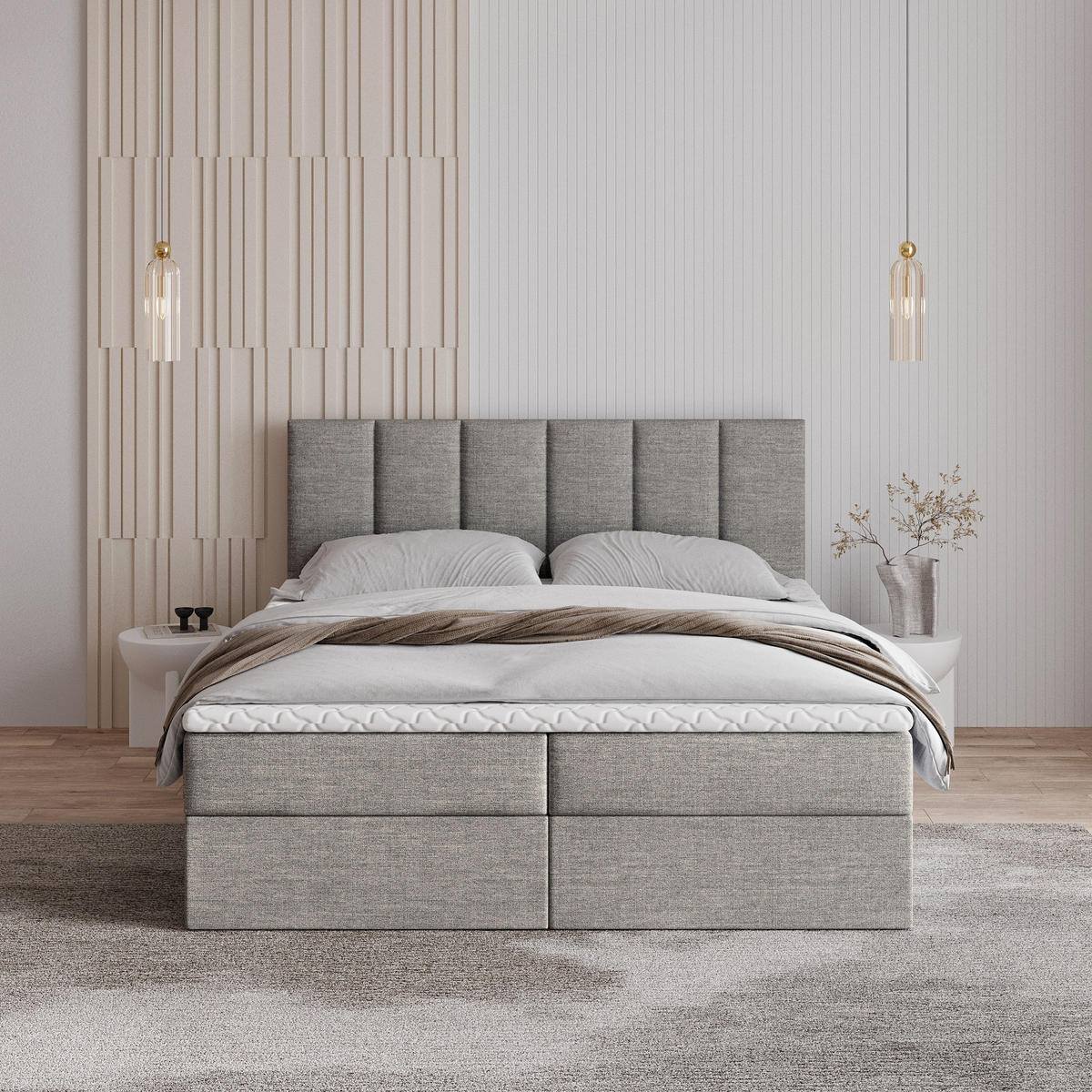 BOXBETT MERIL 160x200 cm mit Matratze und Topper - Hellgrau - Hellgrau, Holz (160/200cm) - MASSENO