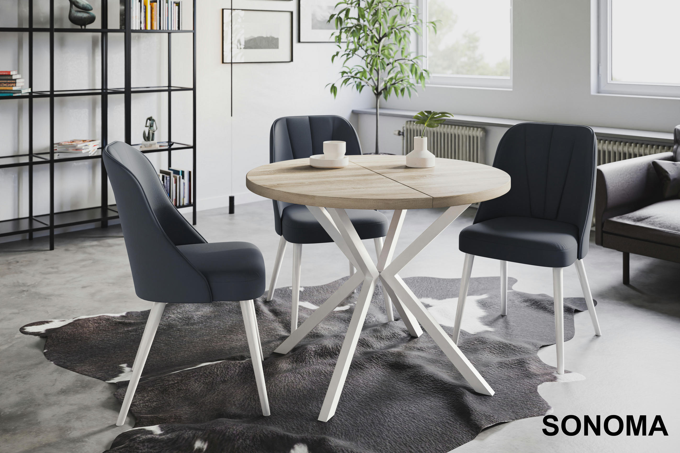 ESSZIMMERTISCH LOFT LITEN, ausziehbarer Tisch 120 cm/200 cm, Farbe: Beige, mit Metallbeinen in Farbe Weiß - Weiß/Sonoma Eiche, Holzwerkstoff (120/120/76cm) - Alpi-Möbel