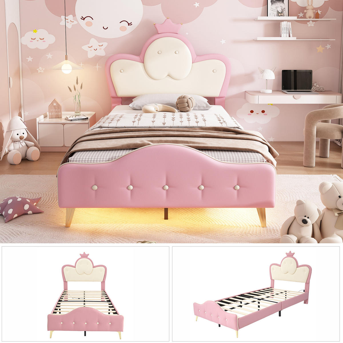 KINDERBETT 90/200 cm mit LED-Lichtleiste, weichen Schutzkanten und Kronen-Kopfteil aus PU, Rosa/Weiß - Weiß, Kunststoff (90/200cm) - Redom