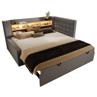 POLSTERBETT 90/200 cm mit Ausziehbett, LED-Beleuchtung, USB-Anschlüssen und Stauraum, Leinen/Metall, Grau - Grau, Textil (90/200cm) - Redom