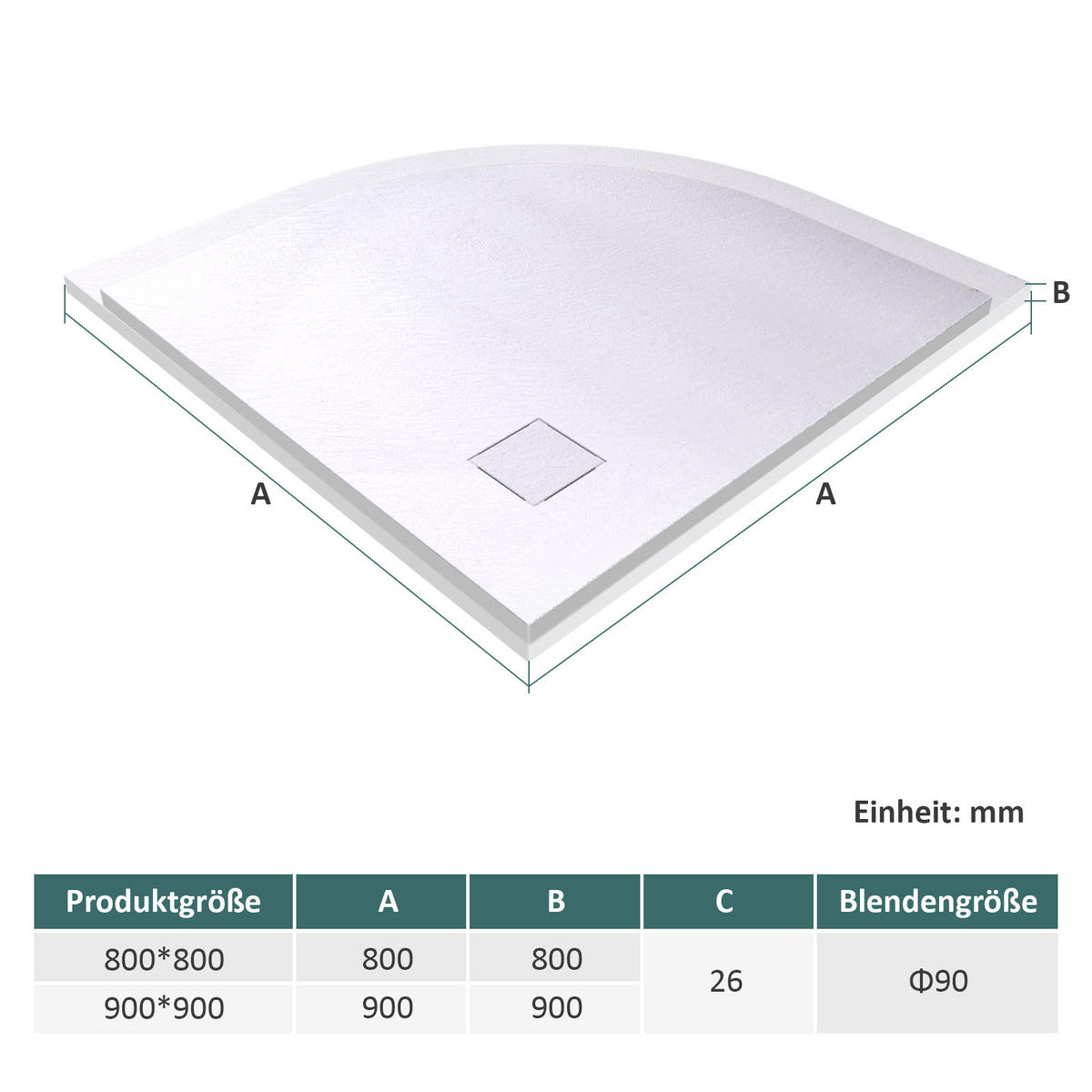 DUSCHWANNE Viertelkreis mit rutschhemmender Oberfläche 90/90 cm, Weiß - Weiß, Naturmaterialien (90/2.6/90cm) - EMKE