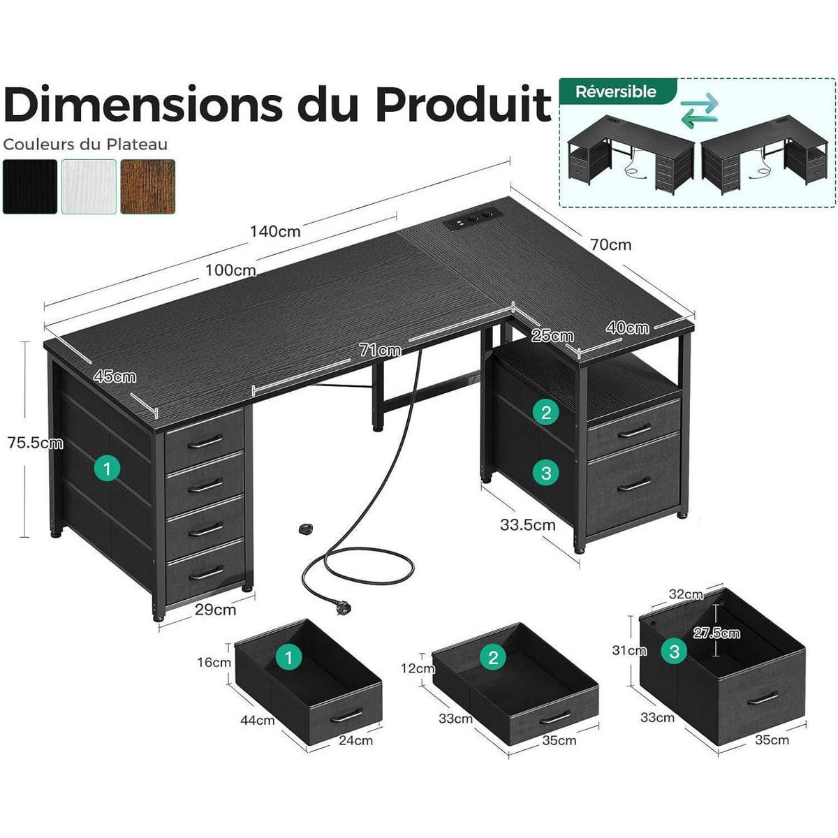ECKSCHREIBTISCH L-Form Schwarz 140 x 70 cm - Schwarz, Holzwerkstoff (140/70/75.2cm)
