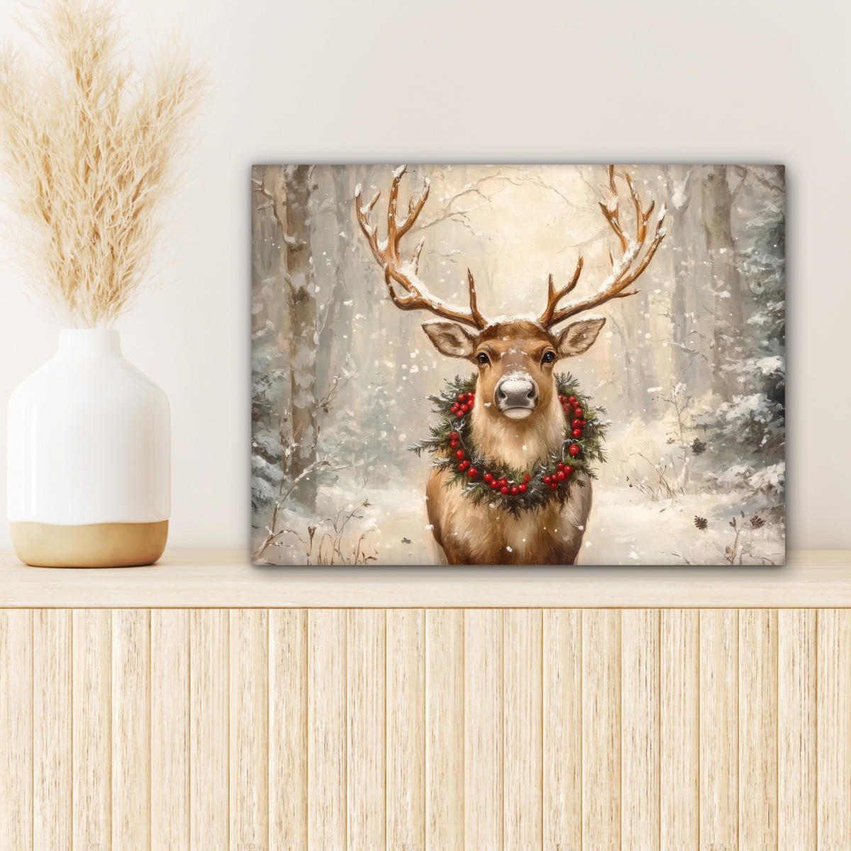 LEINWANDBILD Weihnachten - Rentier - Winter - Kranz 40x30 cm - Naturfarben, Textil (40/30cm) - MuchoWow