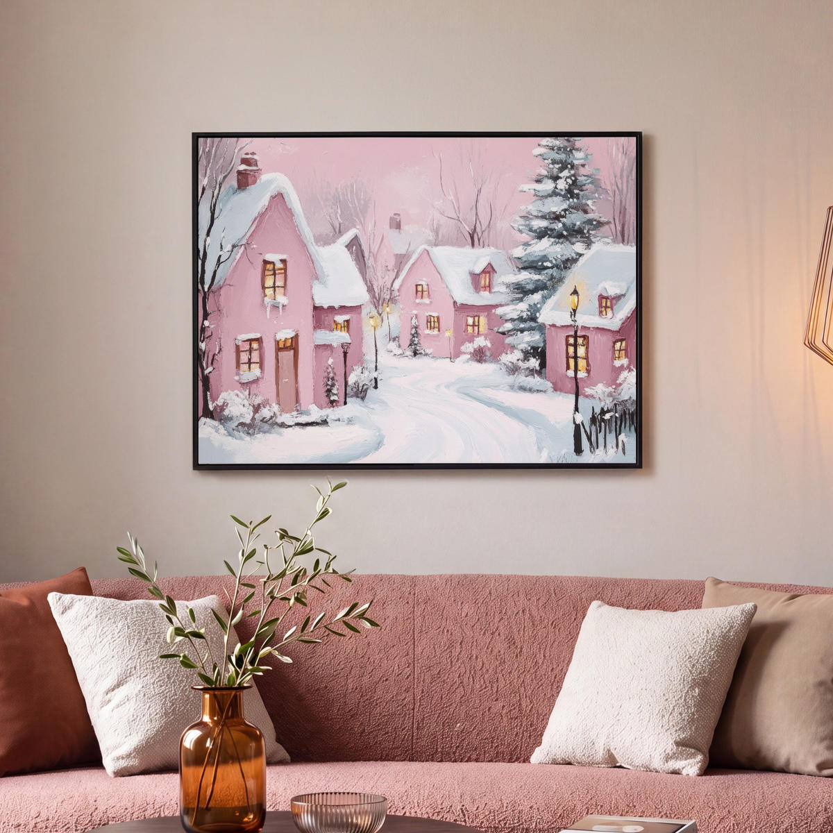 LEINWAND Bilder mit Rahmen - Weihnachtsdorf - Rosa - Winter - Schnee - Häuser - 70x50 - Altrosa, Textil (70/50cm) - MuchoWow
