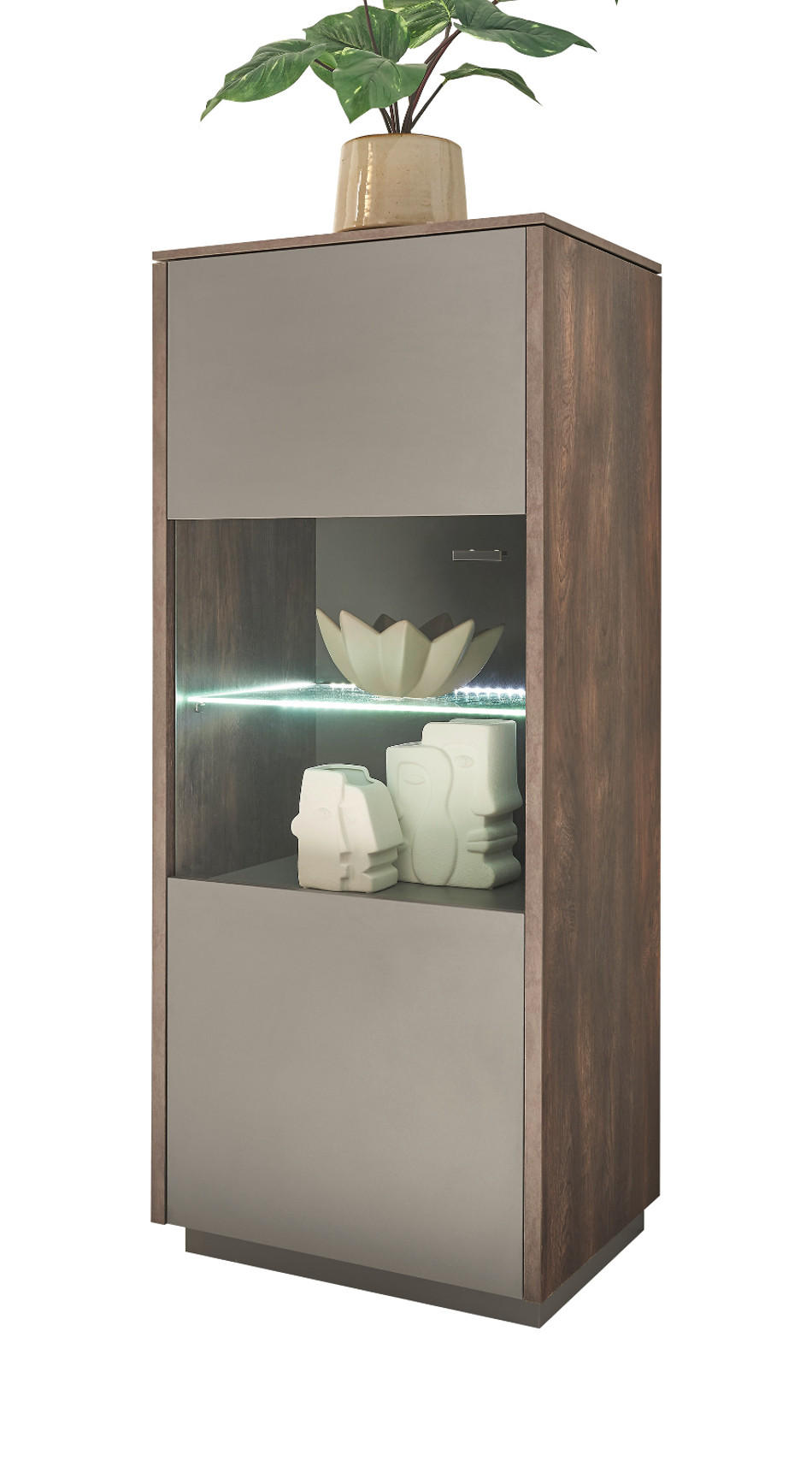 VITRINE in Eiche und grau Midischrank 55 x 130 cm - Schwarz/Grau, Glas/Holzwerkstoff (55/130/40cm) - Furn.Design