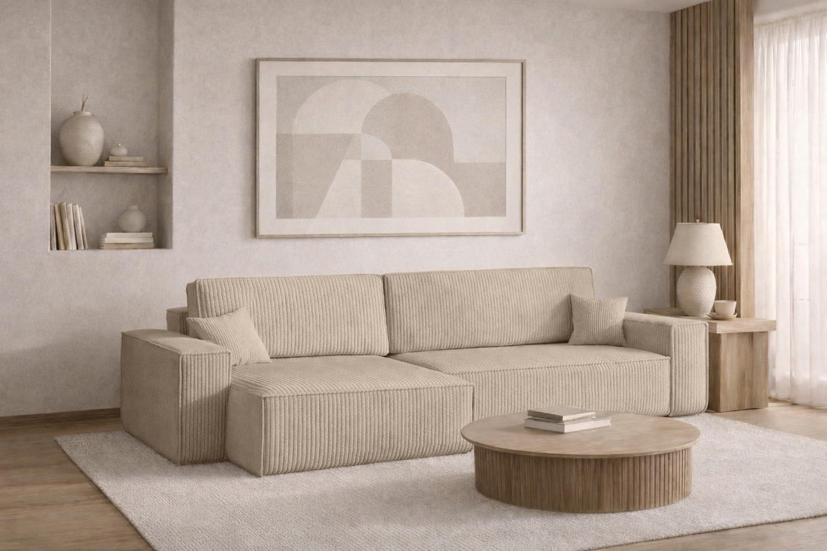 ECKSOFA Mit Schlaffunktion Und Bettkasten, Eckcouch BEST XL Stoff Poso Dicker Cord Dunkelbeige Links - Beige/Schwarz, Holz/Kunststoff (142/83/274cm) - Kaiser Möbel