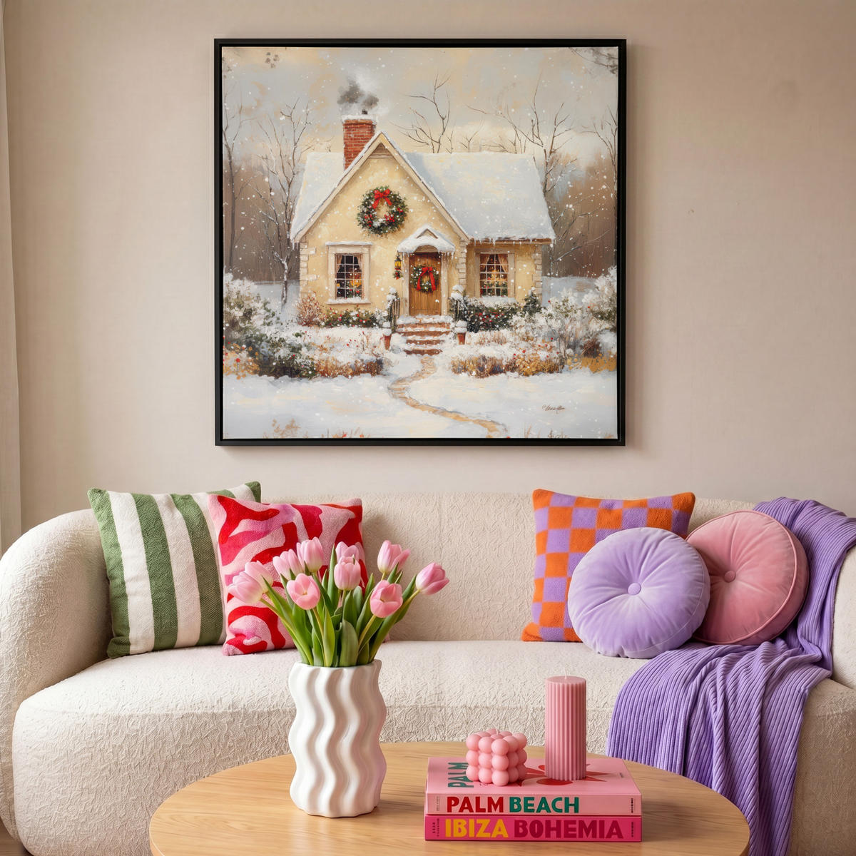 LEINWAND Bilder mit Rahmen - Weihnachten - Zuhause - Winter - Schnee - 90x90 - Creme, Textil (90/90cm) - MuchoWow