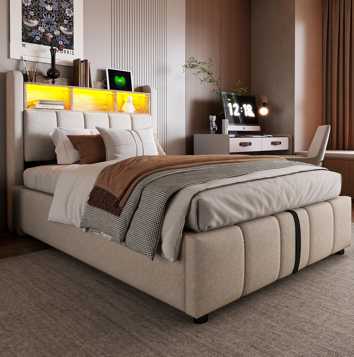 POLSTERBETT 90/200 cm Beige mit USB- und LED-Beleuchtung und hydraulischem Stauraum - Beige, Textil (90/200cm) - OKWISH
