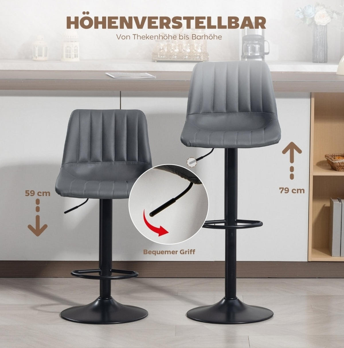 BARHOCKER 2er-Set höhenverstellbar 43 x 49,5 x 91-111 cm Kunstleder Dark Gray - Dunkelgrau, Metall (49.5/111/43cm) - Meubliv