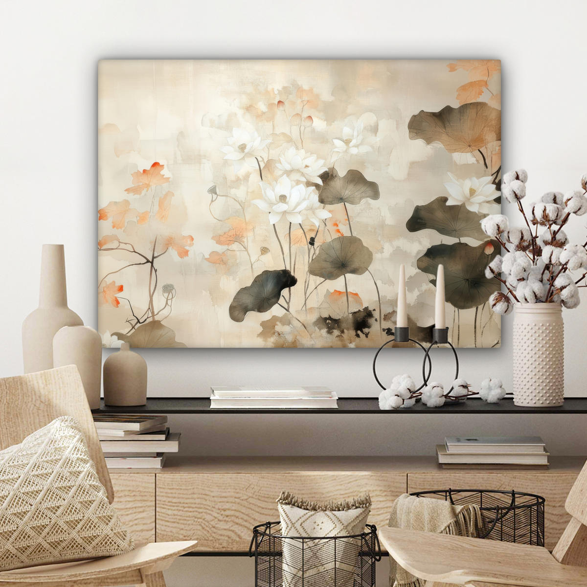 LEINWANDBILD Blumen - Japandi - Wabi sabi Wandbilder 80x60 cm - Sandfarben, Textil (80/60cm) - MuchoWow