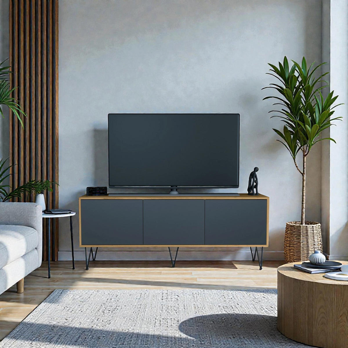 TV-BOARD Elisa, Lowboard mit Push-to-Open, Made in Germany, Moderner Fernsehschrank, Eiche Evoke/Anthrazit matt (152,5 x 60,5 x 37 cm) - Anthrazit, Holzwerkstoff (152.5/60.5/37cm) - InnoFurn