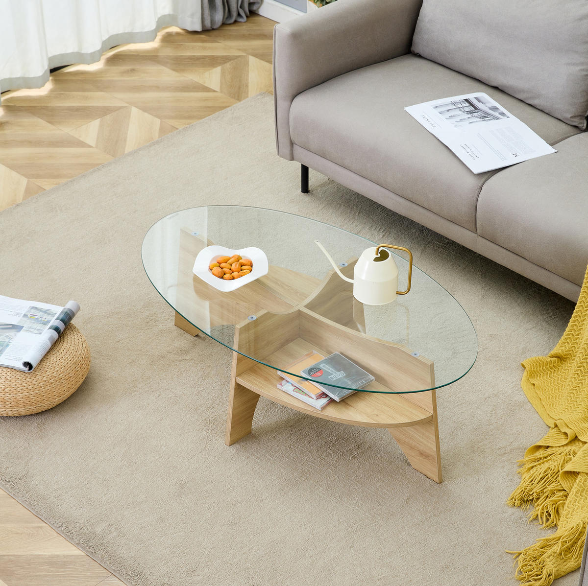 COUCHTISCH 104,9/60 cm mit Ablagefach, Sicherheitsglas und ovalem Design, Transparent/Holzfarben - Transparent, Glas (104.9/60/45cm) - Modfu