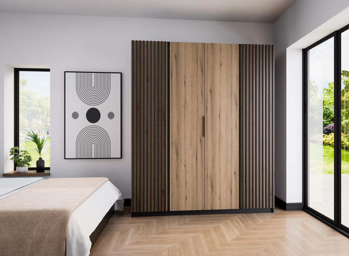 KLEIDERSCHRANK Nehir Korpus Schwarz, Front Eiche Evoke/Schwarz 200 cm - 4T Modern mit 2 Lamellentüren außen - Eichefarben/Schwarz, Holzwerkstoff/Kunststoff (200/239/61.9cm) - AX Living