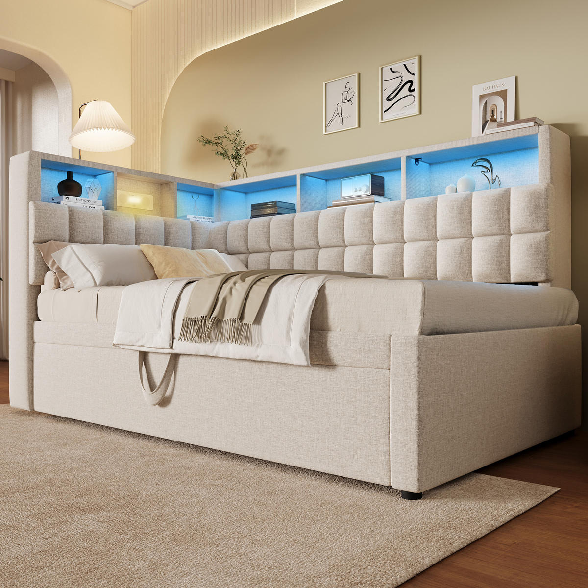 POLSTERBETT 90/200 cm mit Ausziehbett, LED und Bluetooth-Lautsprecher, Beige - Beige, Textil (90/200cm) - BEAOK