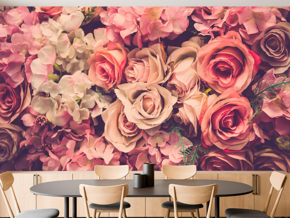 FOTOTAPETE für Schlafzimmer Pinke Rosen Boho Blumen 350x256 - Beige/Violett, Papier (350/256cm) - Muralo