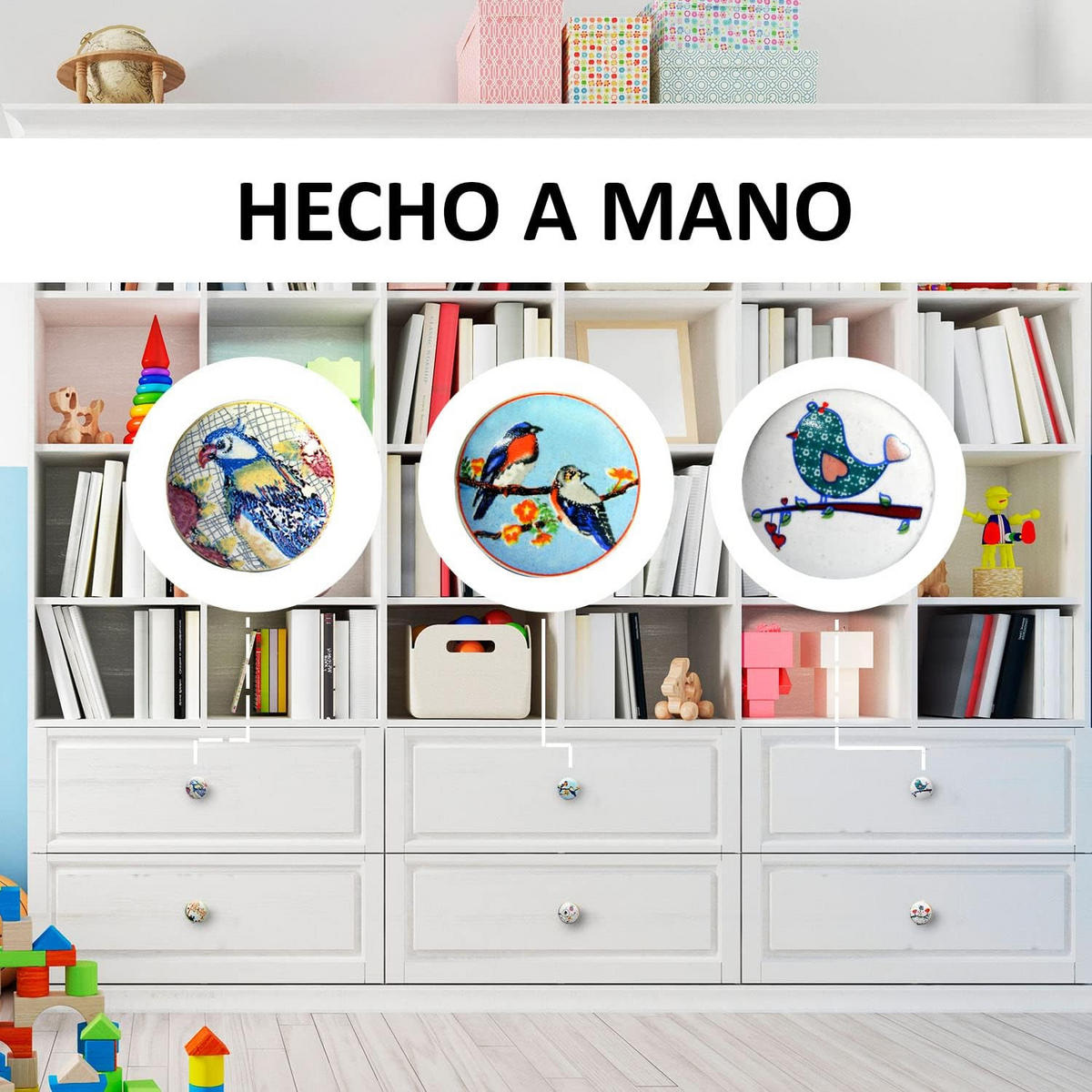 KERAMIKKNÖPFEN Set mit 8 mit verschiedenen Vogelmotiven 40 mm Durchmesser. - Multicolor, Keramik (4/4/6.9cm) - Nacnic