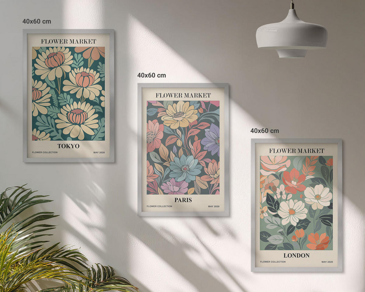 WANDBILDER 3er Set - 40x60 cm Silberner Rahmen - Blumenposter Tokio Paris London - Silberfarben, Kunststoff (40/60cm) - ArtPrintCave
