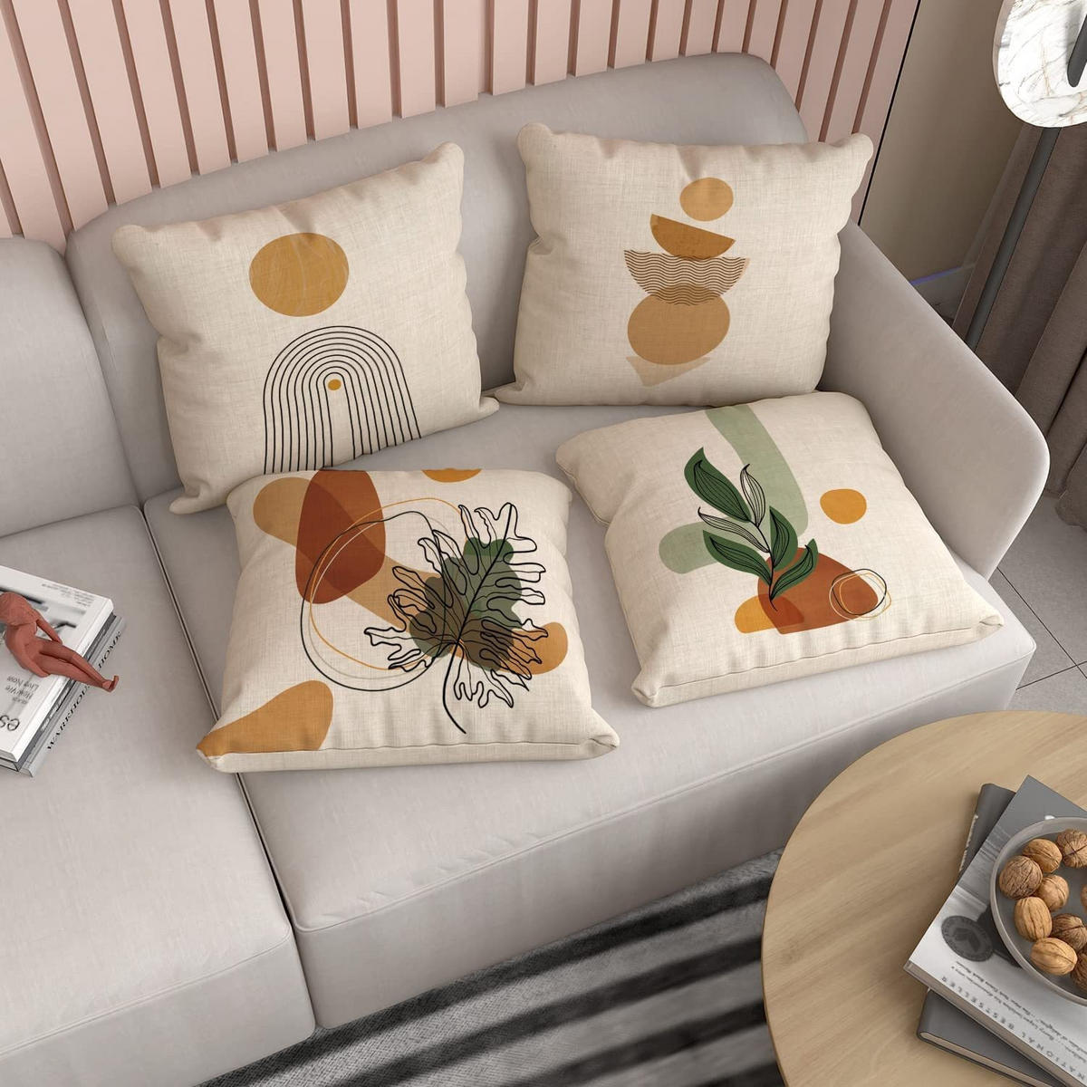 KISSENHÜLLE 4er Set, Abstrakt Sonne Natur, Boho, Leinen, 45x45cm - Beige, Textil (45/45cm) - Authentics