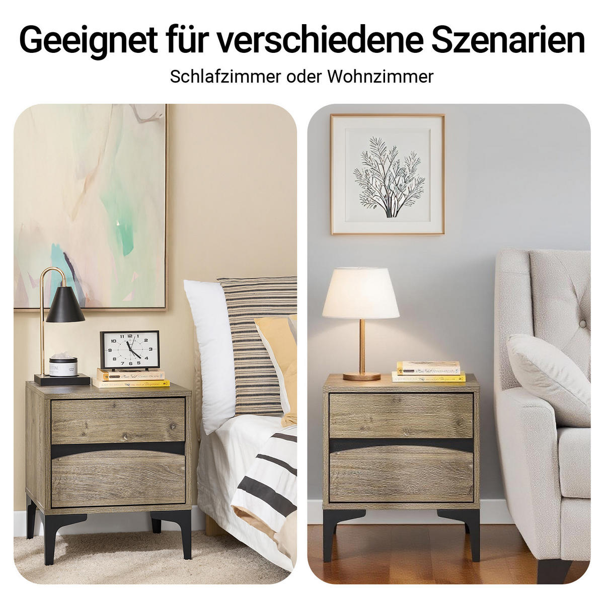 NACHTTISCH mit 2 Schubladen, 40×40×47 cm, Natur - Naturfarben, Holzwerkstoff (40/47/40cm) - SoBuy