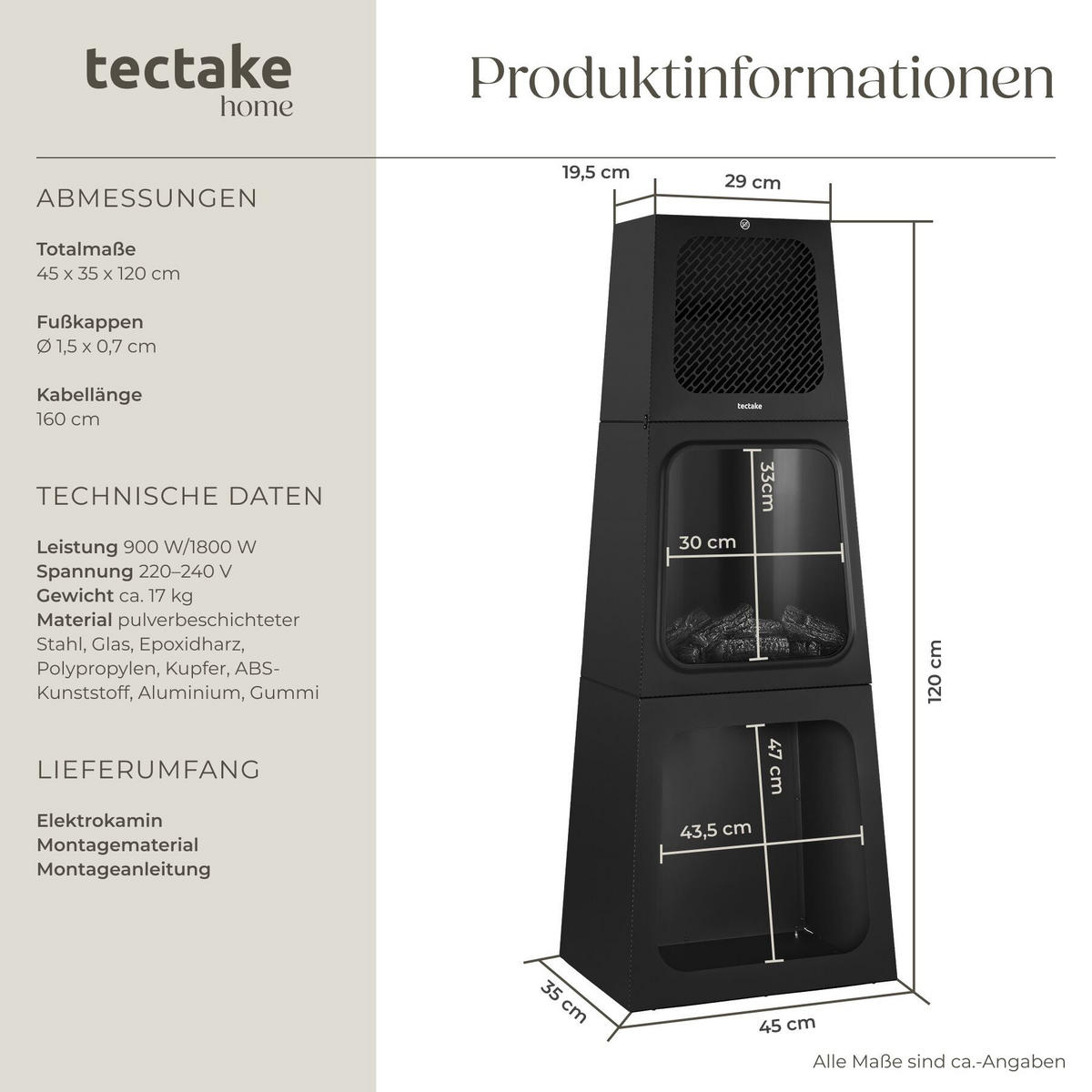 ELEKTROKAMIN Soleil,integriertes Thermostat,schwarz - Schwarz, Metall (45/120/35cm) - tectake