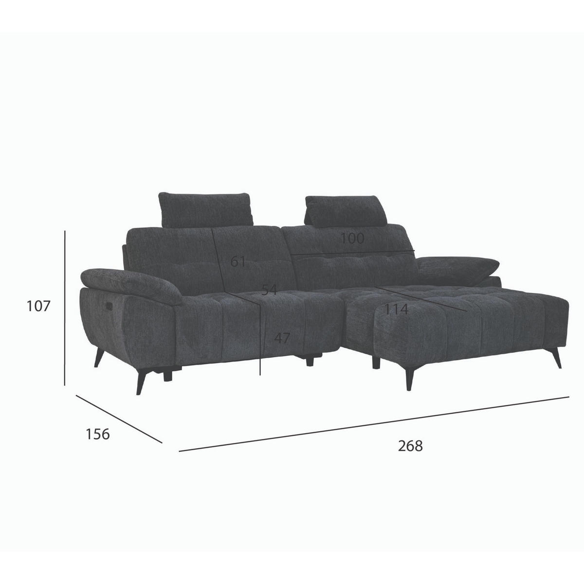 ECKSOFA Webstoff Grau - Schwarz/Grau, Textil/Metall (268/156cm) - Furnhouse