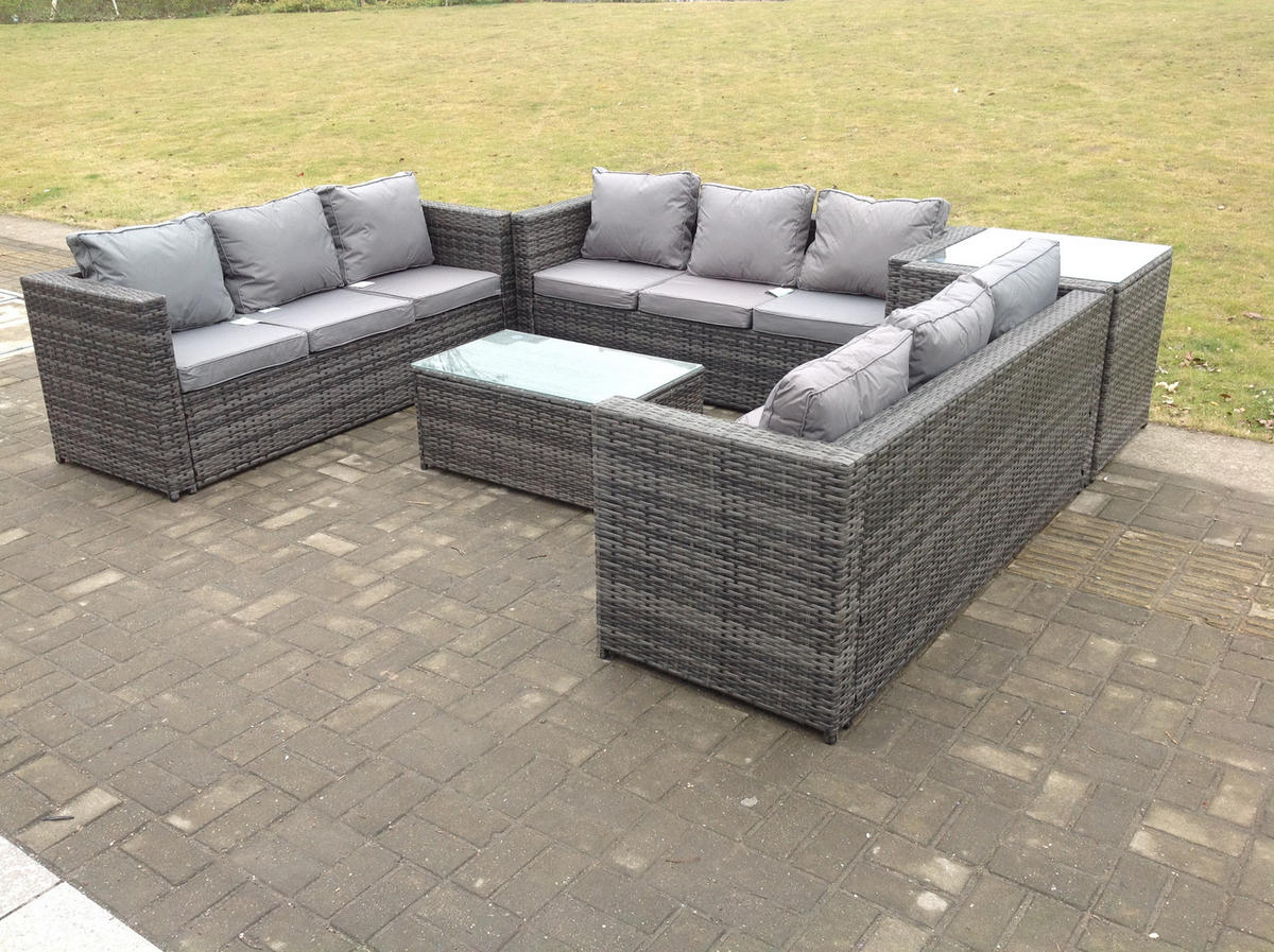 GARTENSOFA Hohe Rückenlehne Polyrattan 9-Sitzer - Dunkelgrau/Grau, Glas/Kunststoff - Fimous