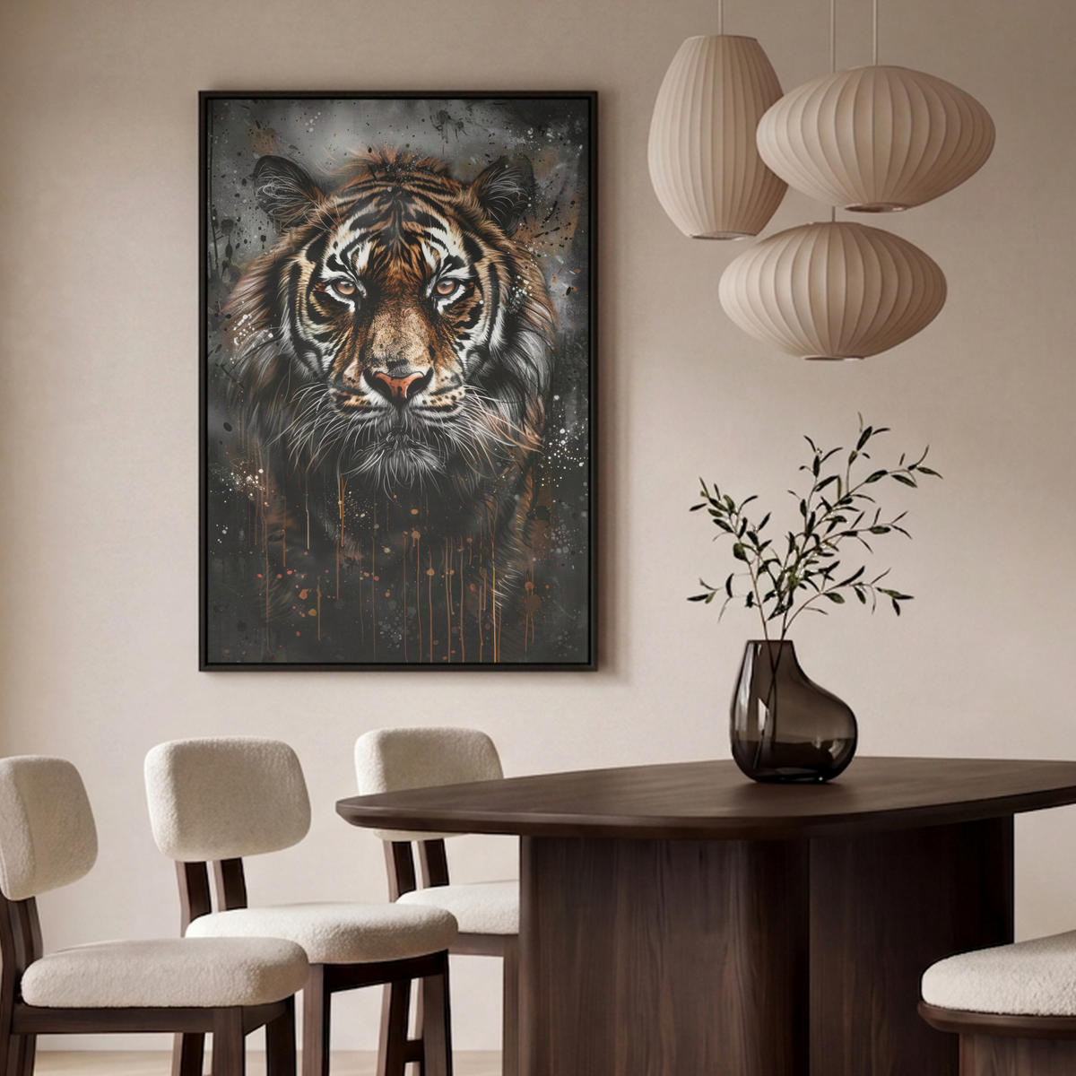LEINWAND Bilder mit Rahmen - Tiger - Tiere - Porträt - Luxus - Schwarz - 100x150 - Braun, Textil (100/150cm) - MuchoWow
