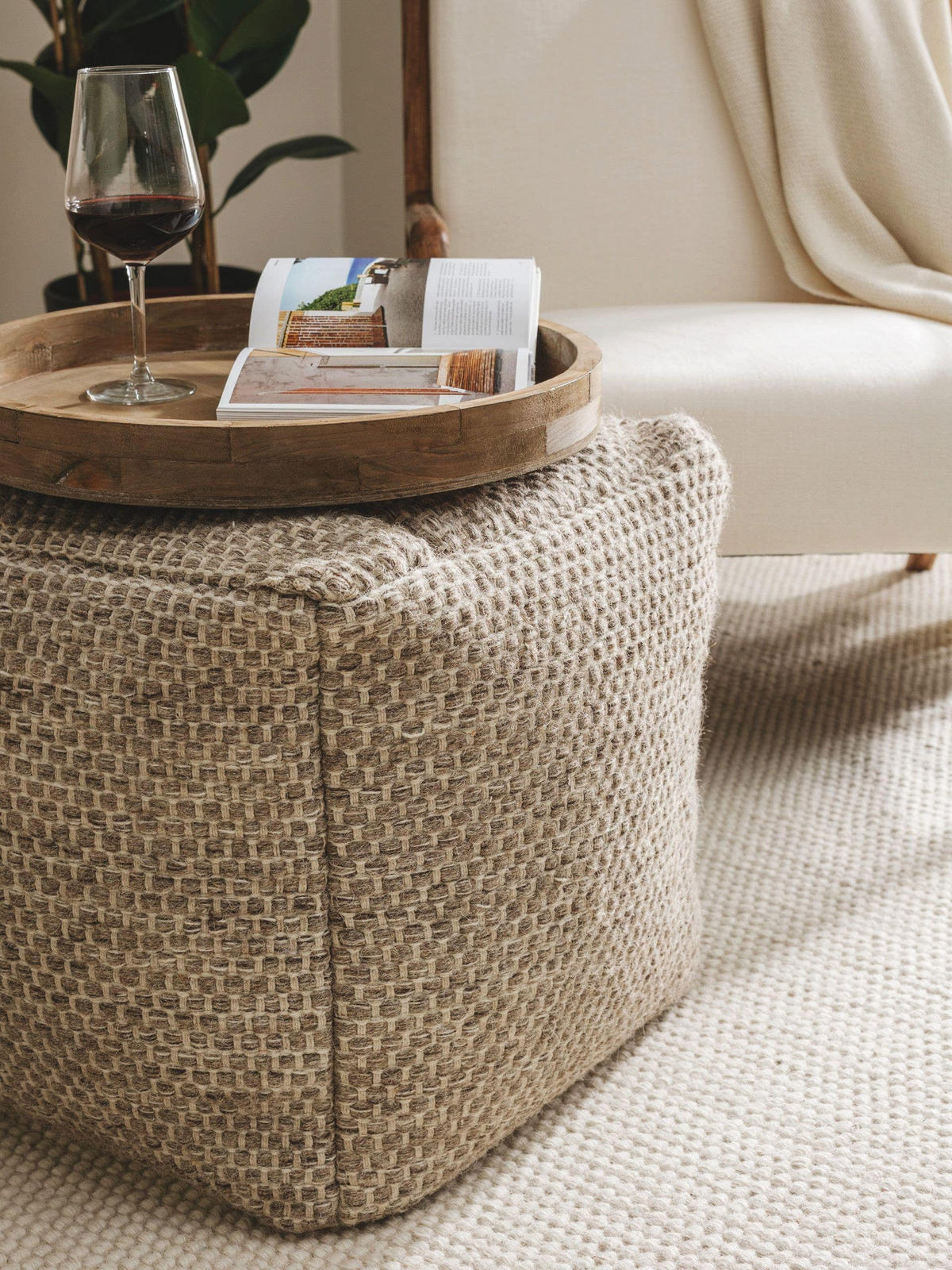 WOLL-POUF handgefertigt Rocco Taupe 45x45x45 cm - Taupe, Textil (45/45/45cm) - benuta Pure