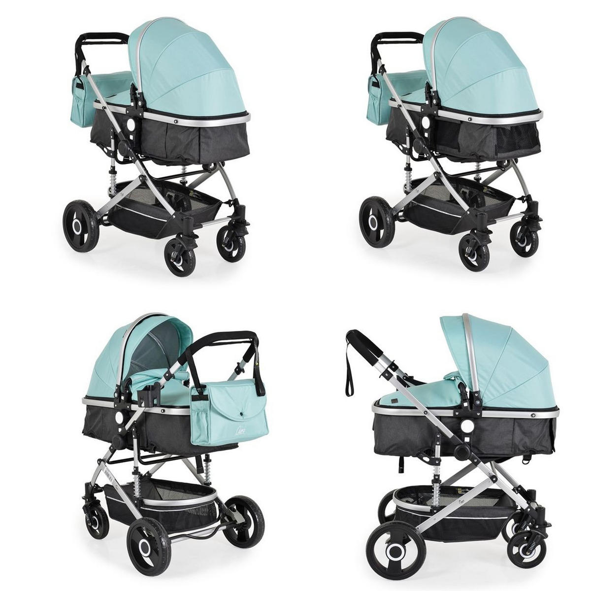 KINDERWAGEN Ciara blau schwarz Tragetasche Sportsitz Wickeltasche faltbar Sitz umkehrbar - Pastellblau, Metall (94/63/103cm) - Moni