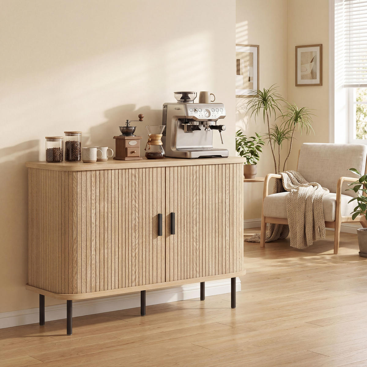 SIDEBOARD DE-11306 2 Schiebetüren Eiche/Schwarz - Eichefarben, Holzwerkstoff (100/75/40cm) - ComfortXL