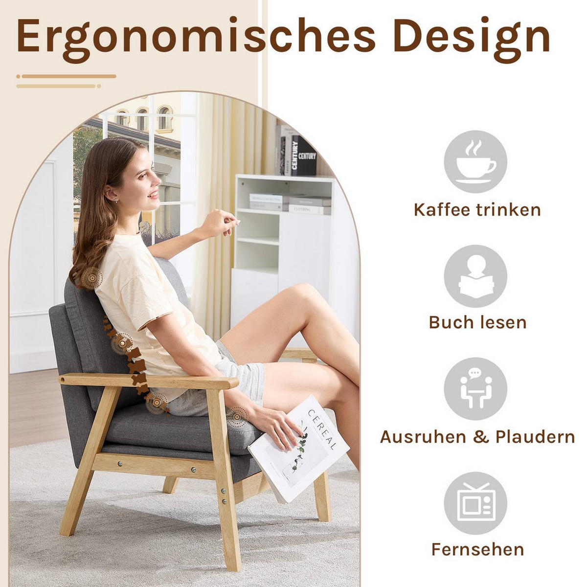 SESSEL Einzelsofa, aus Leinen Massivholz, Dunkelgrau - Eukalyptusholzfarben/Dunkelgrau, Holz/Textil (64/81.5/66.5cm) - Woltu