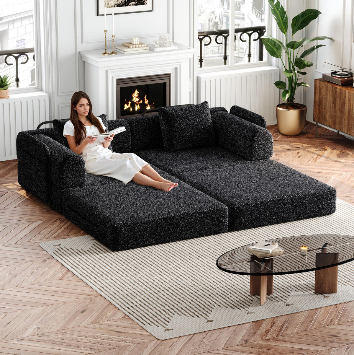 SCHLAFSOFA 2-in-1, Chenille mit Armlehnen-Staufach & Stahlrahmen, 183,8/181,6/49,5 cm, Schwarz - Schwarz, Textil (183.8/49.5/181.6cm) - Redom
