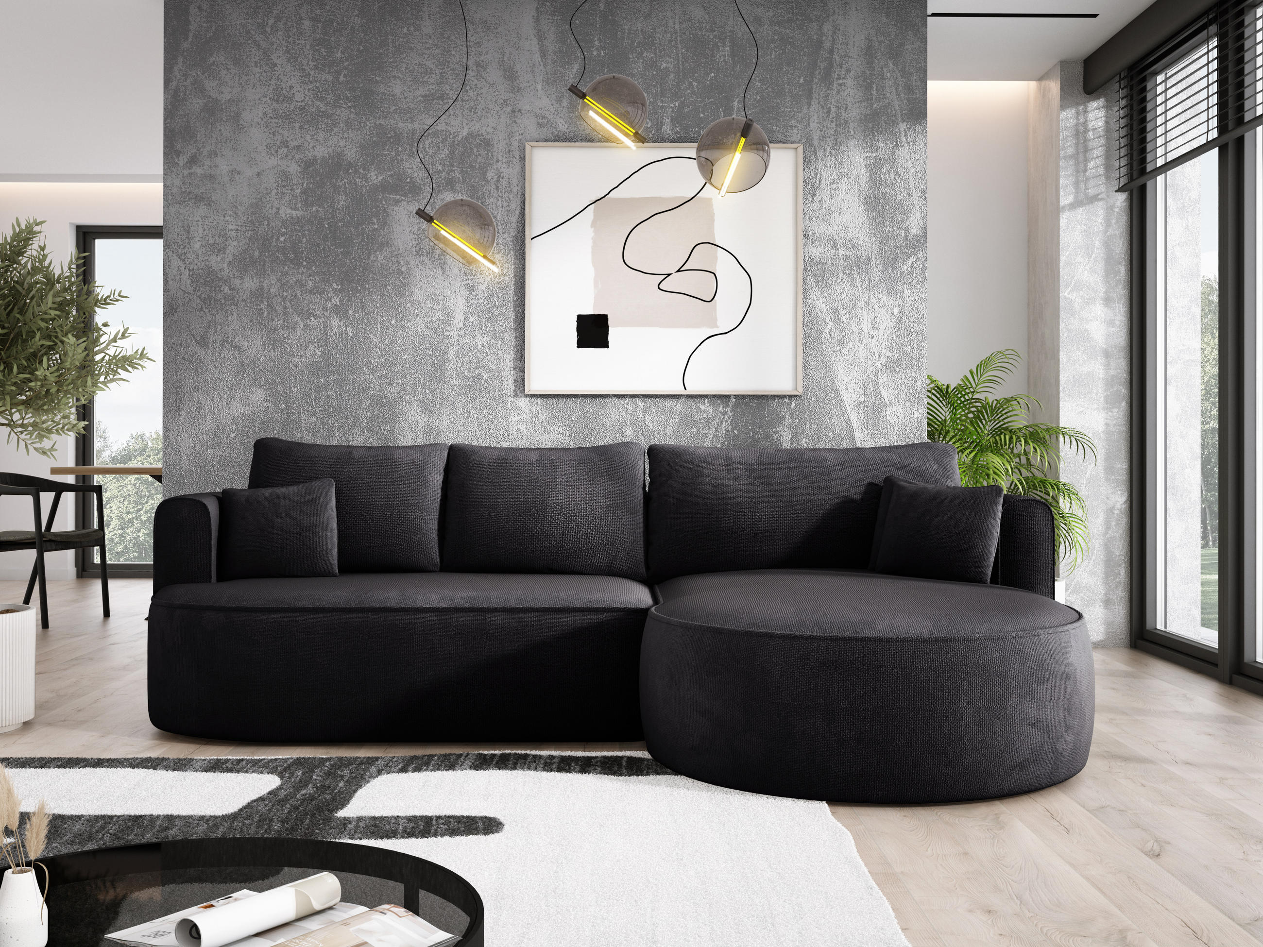 ECKSOFA FIORE-L Moderne Ausziehbare Schlaf-Funktion, automatischer Auffaltung, lose Rückenkissen freistehend RECHTS 284x183x82 cm cm Black - Schwarz, Holz/Textil (284/183cm) - DomoHome