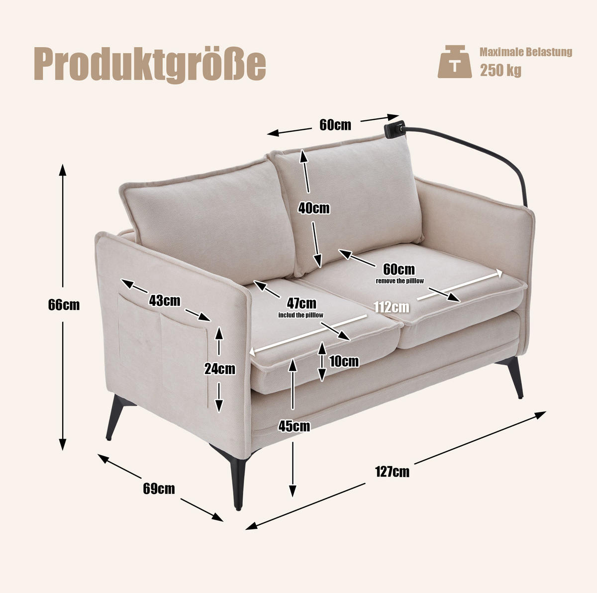 2-SITZER-SOFA aus Chenille 69x127x66 cm Beige mit Handyhalter und Seitentaschen - Beige, Textil (69/66/127cm) - Modfu