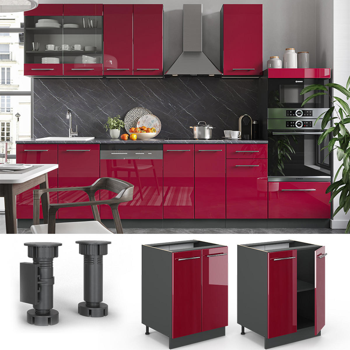 KÜCHENUNTERSCHRANK Fame-Line Bordeaux Hochglanz 60 cm, AP Eiche - Bordeaux/Anthrazit, Holzwerkstoff (60/82/60cm) - Vicco