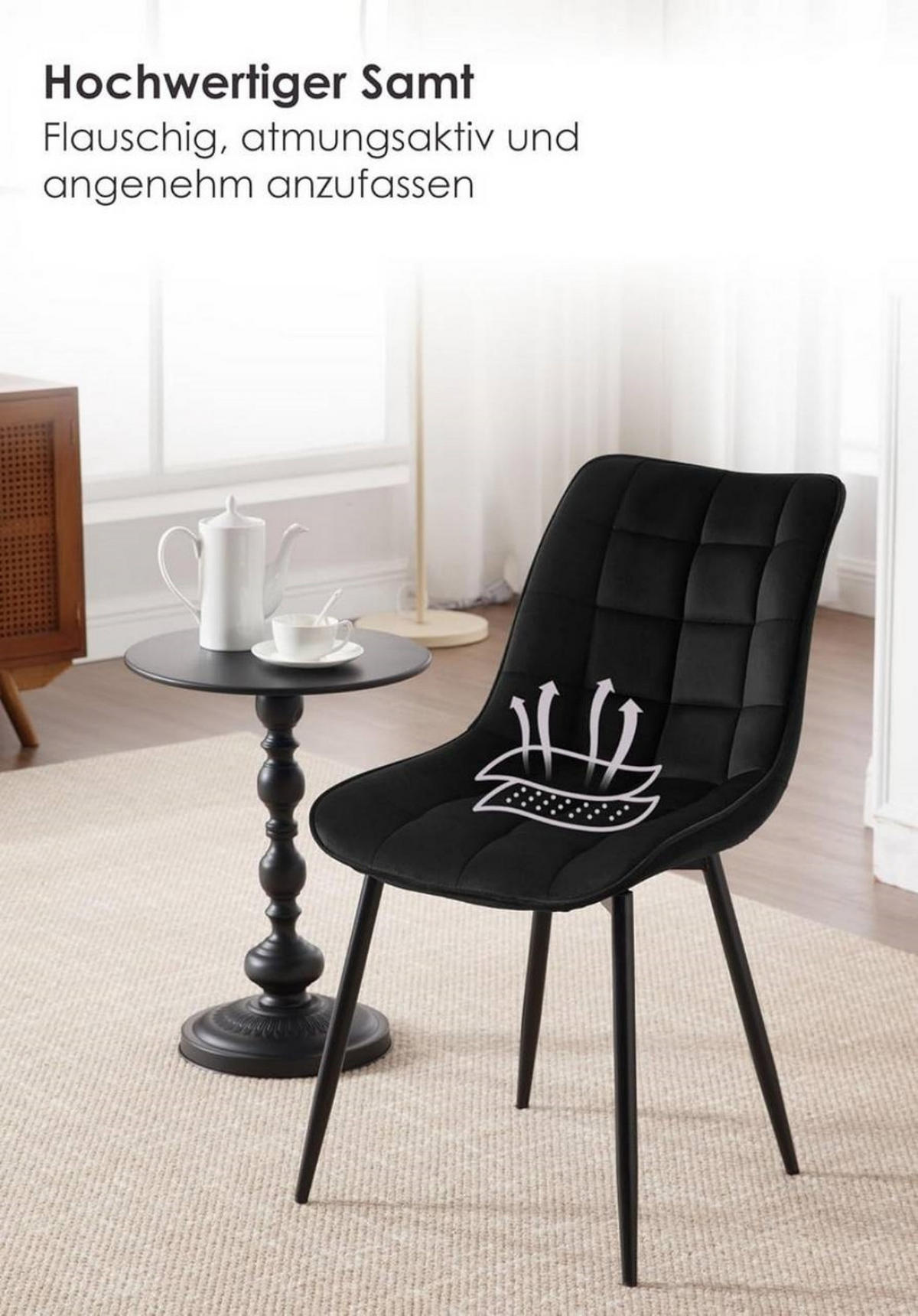 ESSZIMMERSTUHL 2er Set, Samt, Metallbeine, Schwarz - Schwarz, Textil/Metall (46/85.5/40.5cm) - Woltu